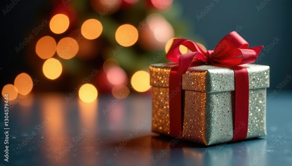 Bokeh focused on a shiny Christmas gift with a modern and minimalist background, gift, shiny object Bokeh focused on a shiny Christmas gift with a modern and minimalist background, gift, shiny object