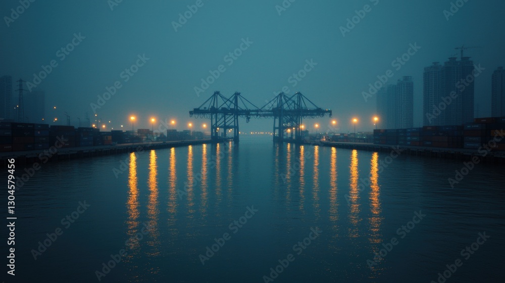 Obraz premium Nighttime View of Busy Shipping Port with Reflections and City Lights in the Background