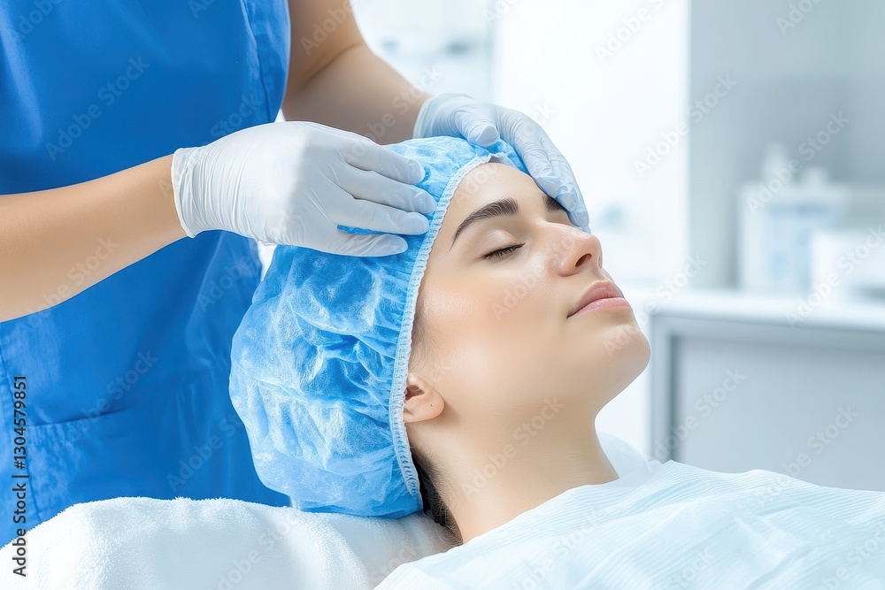 Fototapeta premium Serene Woman Receiving Hair Restoration Scalp Treatment at Beauty Clinic