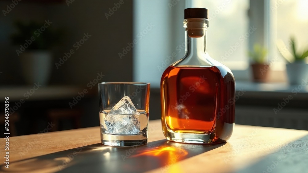 A Decanter of Amber Liquid and a Glass with Ice on a Wooden Table in Sunlight A Decanter of Amber Liquid and a Glass with Ice on a Wooden Table in Sunlight