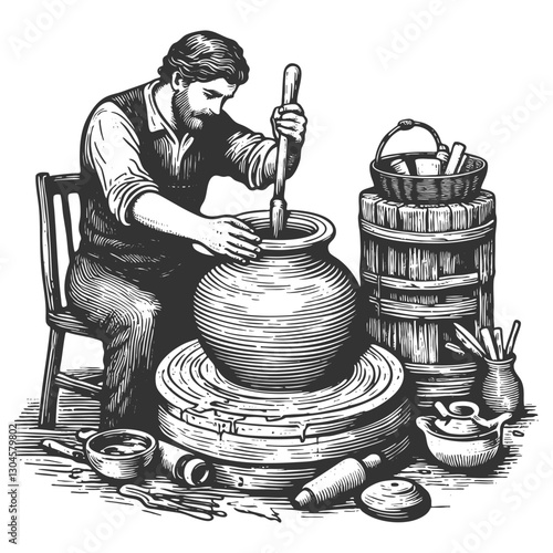 Potter Crafting Clay Pot on Wheel vector