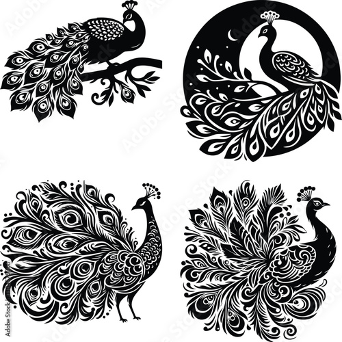 Seamless peacock feather pattern with ornate floral and paisley elements in vintage decorative vector design