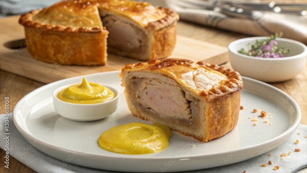 Savoring a hot and crispy pork pie with glossy pastry crust at a cozy english bistro with tangy condiment delight Savoring a hot and crispy pork pie with glossy pastry crust at a cozy english bistro with tangy condiment delight
