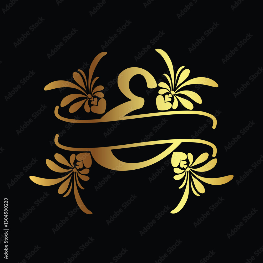 Fototapeta premium Elegant golden letter E with floral design on black background for luxury branding and monogram logos