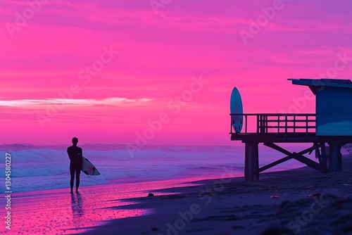 A serene beach at sunset is the setting for a lifeguard on duty, who sits in a high chair with a surfboard and empty chair nearby, surveying the calm waves of the ocean