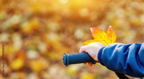 Hand holding a bicycle grip with a colorful autumn leaf
