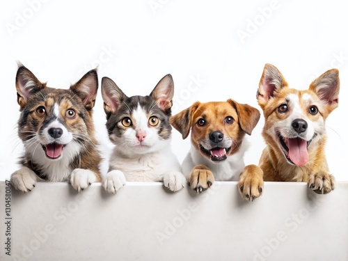 Happy Pets Peeking Banner: Funny Dogs & Cats Over White Web Cover