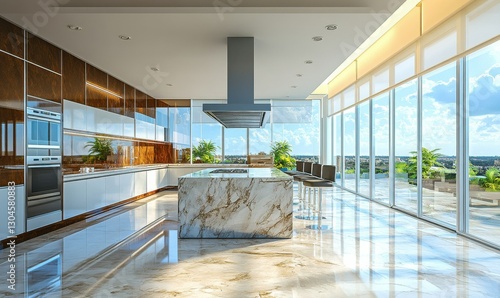 Luxurious marble kitchen with a large island, high-end appliances, and natural light flooding through floor-to-ceiling windows