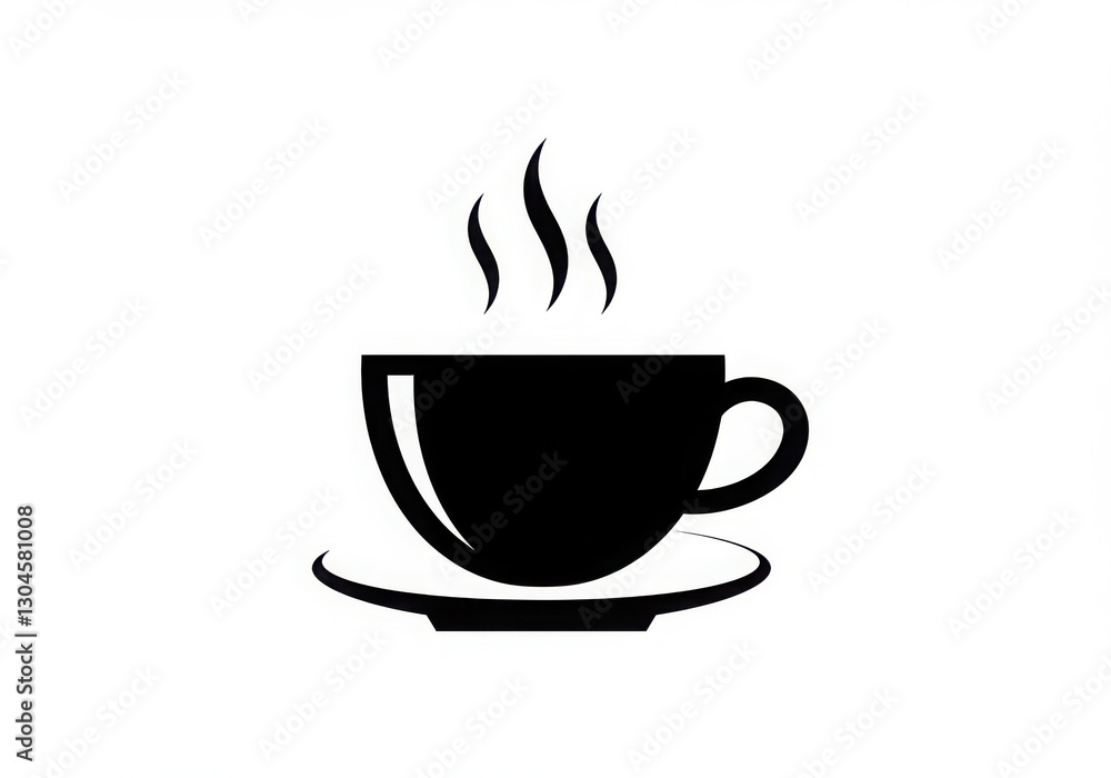 Black and white icon, minimalist coffee cup design, steaming hot beverage, simple silhouette, circular saucer, curved handle, rising steam wisps, bold graphic style, cafe logos