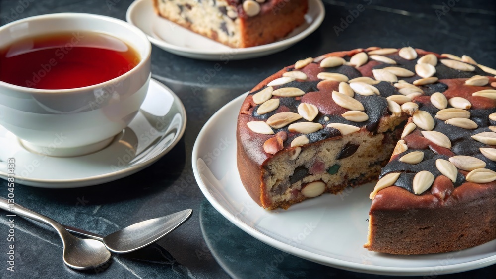 Savoring a slice of rich dundee cake with almonds in a cozy tea room a perfect blend of flavor and comfort Savoring a slice of rich dundee cake with almonds in a cozy tea room a perfect blend of flavor and comfort