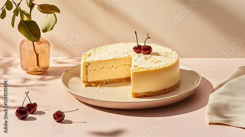 Lemon cheesecake on a white plate, decorated with cherries in a clean, bright aesthetics.