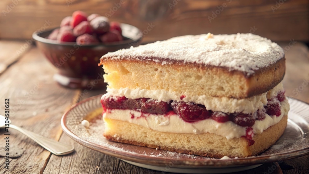 Savoring a slice of victoria sponge cake in a rustic kitchen food photography cozy atmosphere dessert temptation Savoring a slice of victoria sponge cake in a rustic kitchen food photography cozy atmosphere dessert temptation