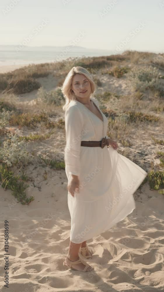 Carefree woman in a white dress enjoys life, twirling on a sunny beach. Her happiness is palpable, reflecting the beauty of freedom and nature. Carefree woman in a white dress enjoys life, twirling on a sunny beach. Her happiness is palpable, reflecting the beauty of freedom and nature.