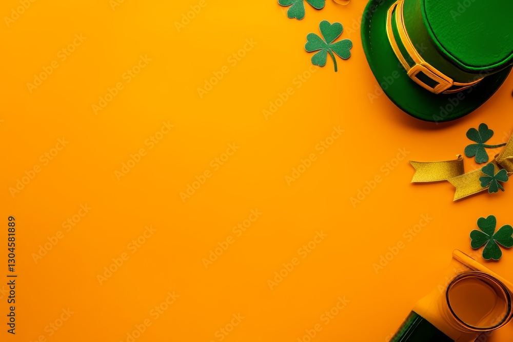 Fototapeta premium An orange background serves as the setting for St. Patrick's Day decorations that include green shamrocks, a glittery leprechaun hat, gold coins, a horseshoe, and colorful pennant banners