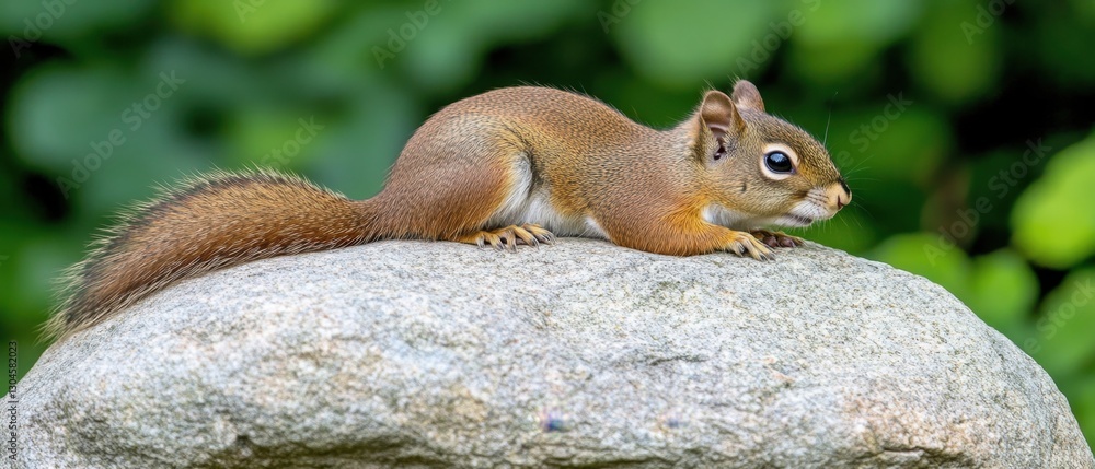 Obraz premium Alert red squirrel perched on a rock in a lush green forest environment with a shallow depth of field