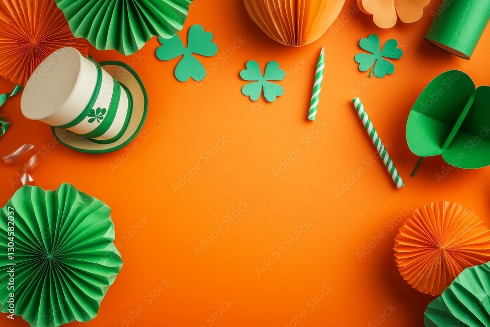 Naklejka premium The St. Patrick's Day background includes green leprechaun hats, shamrocks, gold coins, and colorful bunting, all set on an orange backdrop in a flat lay viewed from the top, offering copy space