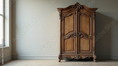 Antique Ornate Wooden Armoire in a Room with Light Walls and Hardwood Floor