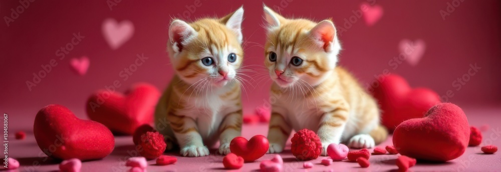 Fototapeta premium Two kittens celebrating valentine's day with red hearts and copy space