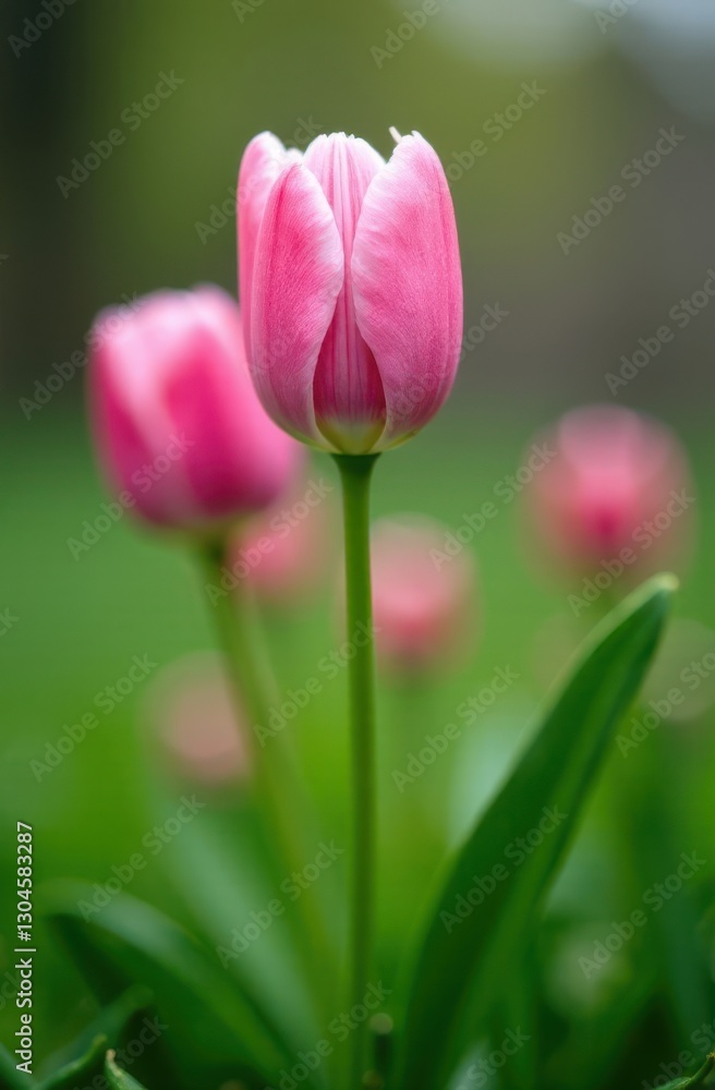 Pink tulip blooming in spring garden with blurred background Pink tulip blooming in spring garden with blurred background