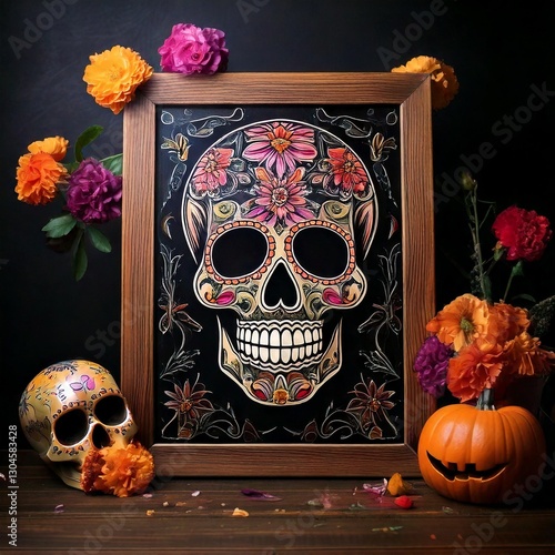 Decorative blackboard features a vibrant sugar skull adorned with flowers, complemented by a  pumpkin and colourful blooms for Dia de los Muertos. 