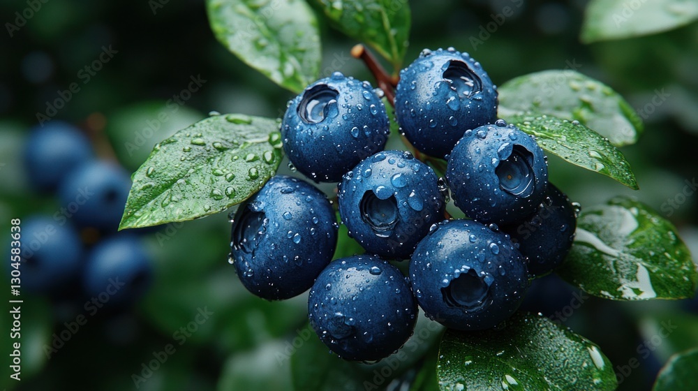 Fresh blueberries with water droplets on branch, lush green foliage background Fresh blueberries with water droplets on branch, lush green foliage background