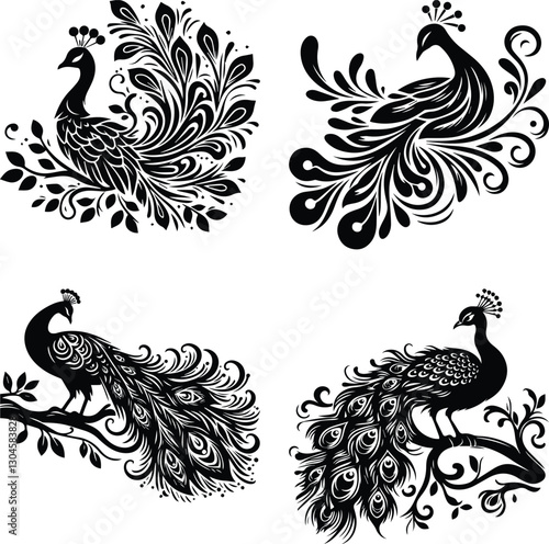 peacock vector illustration of decorative ornamental elements with floral and animal motifs including birds and feathers