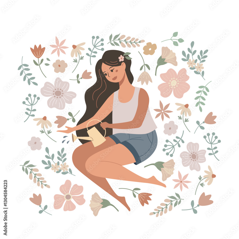 Beautiful girl watering plants. Nice young woman among the blooming flowers. Summer illustration in a flat style. Beautiful girl watering plants. Nice young woman among the blooming flowers. Summer illustration in a flat style.