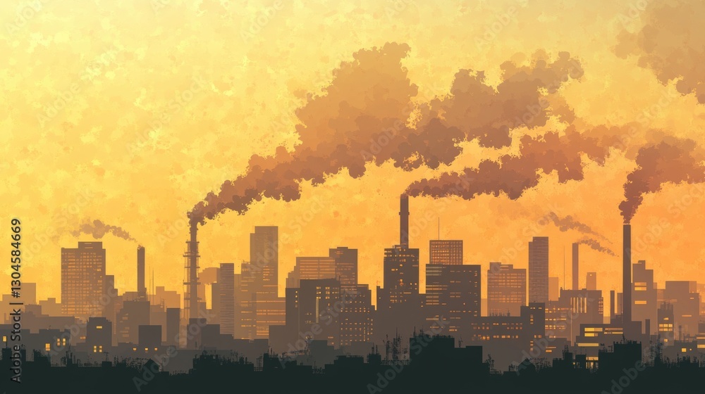 Obraz premium Urban skyline with industrial pollution at sunset