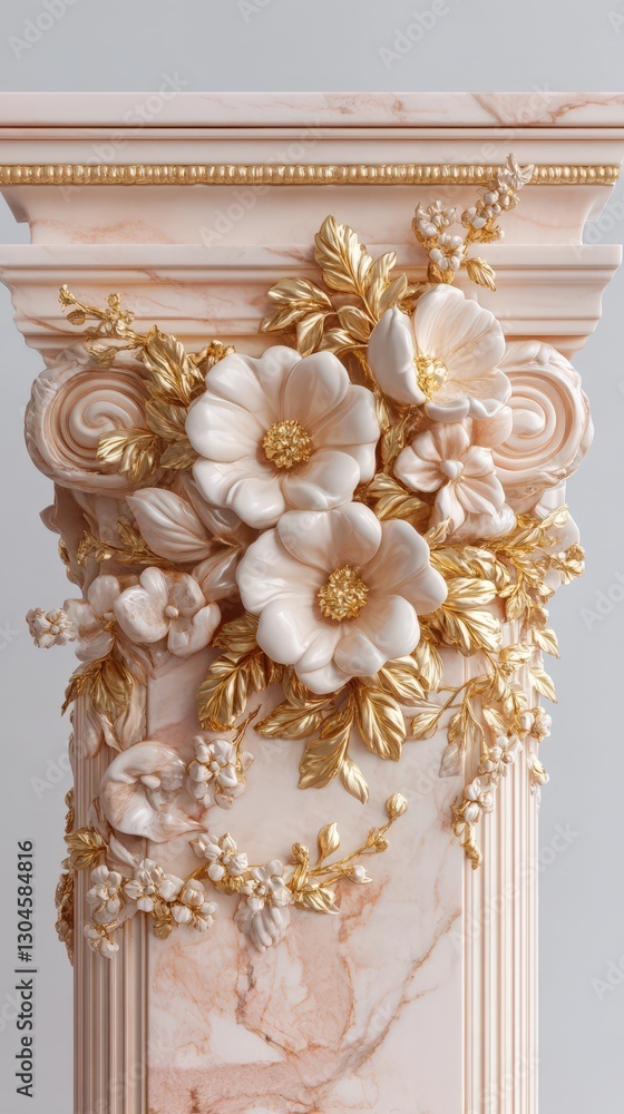 Fototapeta premium Ornate Pink Marble Column with Gold Floral Accents