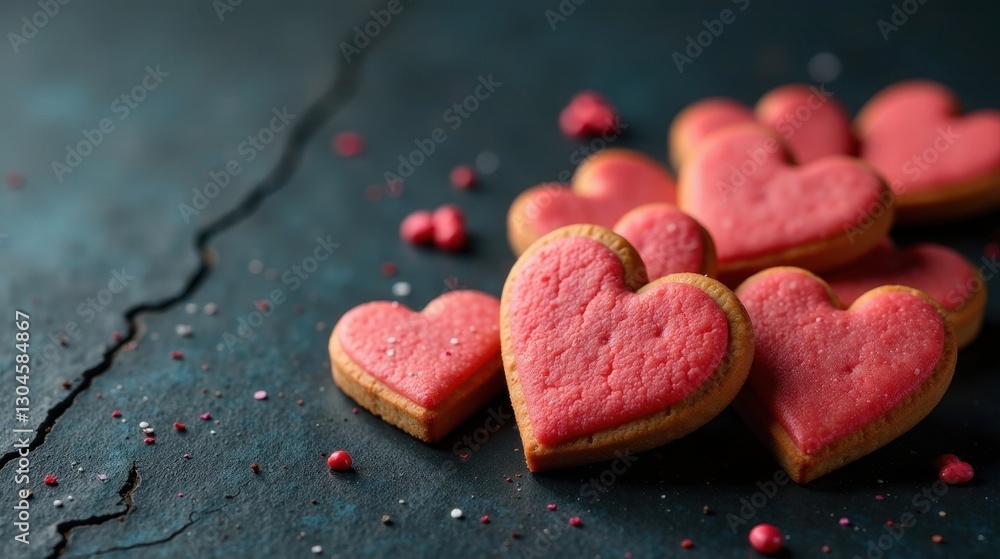 Obraz premium Delicious heart-shaped cookies with pink icing, scattered on a dark textured surface, perfect for a romantic celebration