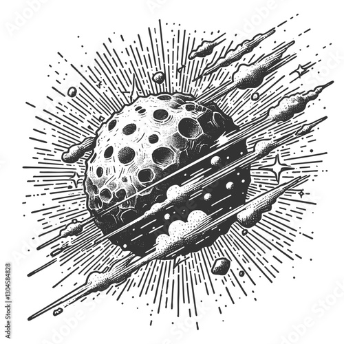 asteroid traveling through outer space with dynamic motion lines, stars, and cosmic debris sketch engraving generative ai vector illustration. Scratch board imitation. Black and white image.