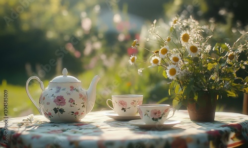 Quaint garden table setting with a teapot, delicate floral cups, and freshly picked flowers under dappled sunlight.