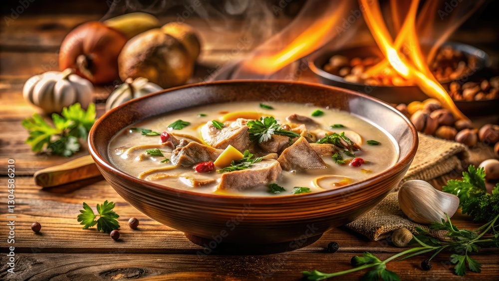 Creamy pork mushroom soup, long-exposure photography captures its rich broth's beauty. Creamy pork mushroom soup, long-exposure photography captures its rich broth's beauty.