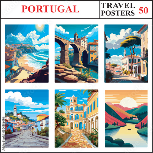Portugal Nazare Barcelos Tomar Travel Poster Wall Art Print Collection Set Part 50