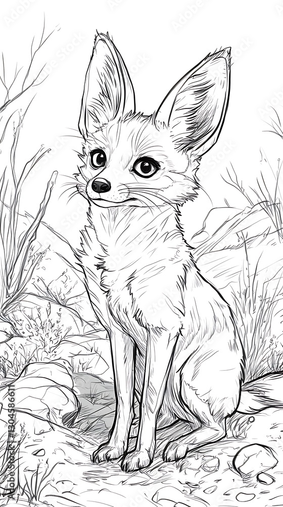 Obraz premium Fox Seated in Rocky Field, Drawn Detail, Neutral BG