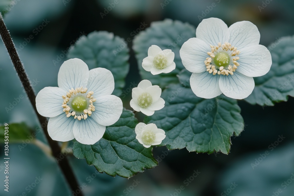 Obraz premium Navy flowers and dark, lush leaves form a brooding botanical design against a dark backdrop