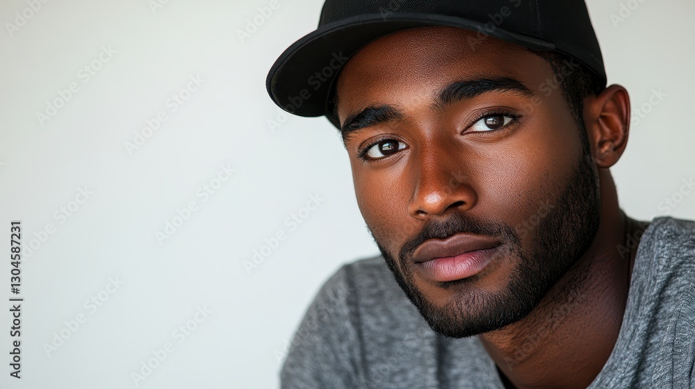 A man, adorned with a sleek black baseball cap and a casual grey shirt, confidently gazes into the camera against a pristine white backdrop, exuding an air of cool composure. A man, adorned with a sleek black baseball cap and a casual grey shirt, confidently gazes into the camera against a pristine white backdrop, exuding an air of cool composure.