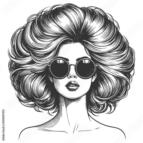 fashionable woman with voluminous hair wearing stylish sunglasses, exuding confidence and glamour sketch engraving generative ai vector illustration. Scratch board imitation. Black and white image.