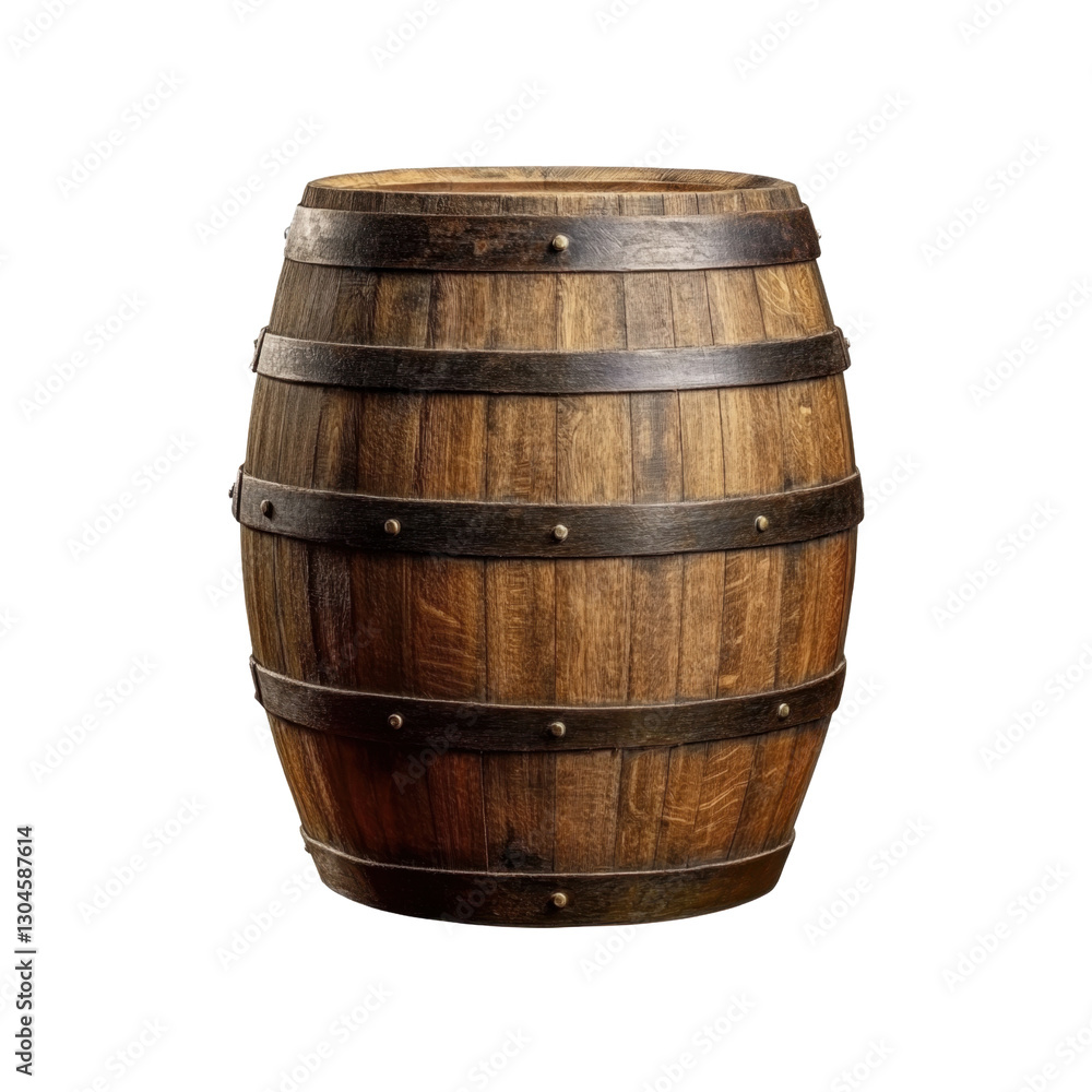 Fototapeta premium Rustic oak barrel features metal bands, showcasing its sturdy construction and traditional design, ideal for various uses and decorations.
