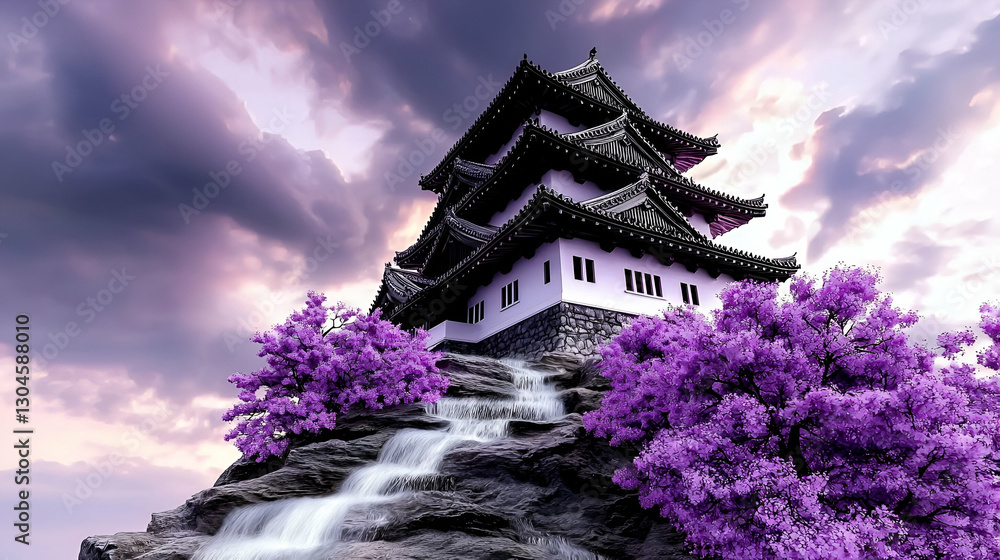 Serene Japanese Castle Surrounded by Vibrant Cherry Blossoms and Cascading Waterfalls at Sunset Serene Japanese Castle Surrounded by Vibrant Cherry Blossoms and Cascading Waterfalls at Sunset