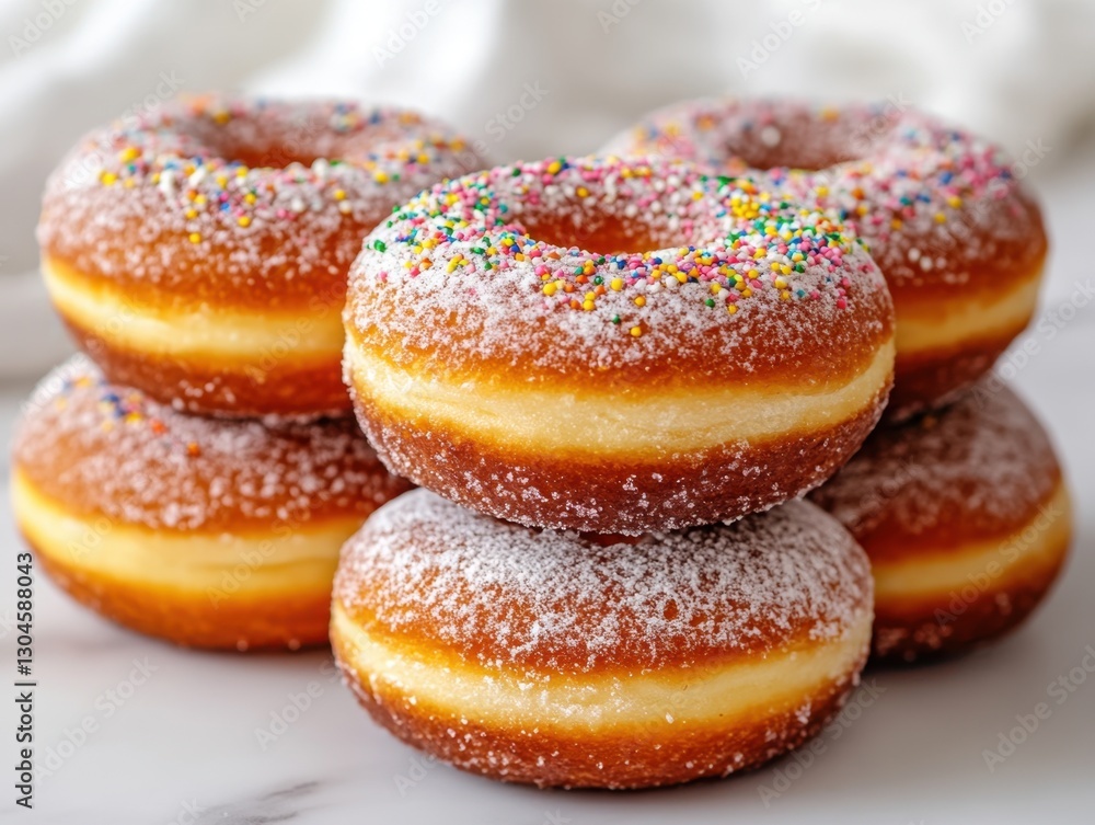 Stack of Delicious Donuts Sprinkled with Powdered Sugar and Colorful Sprinkles on a Marble Surface Stack of Delicious Donuts Sprinkled with Powdered Sugar and Colorful Sprinkles on a Marble Surface