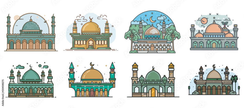 Fototapeta premium Al Aqsa Mosque building element vector illustration set