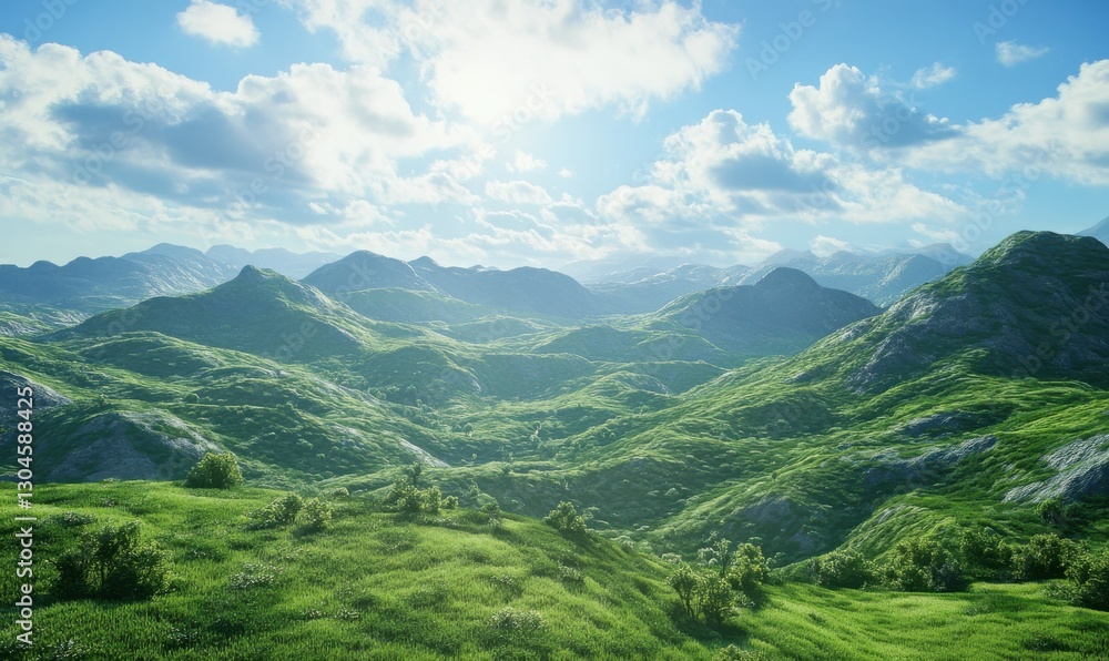 Rolling green hills under a bright blue sky, with sunlight streaming across the lush landscape, evoking serenity and natural beauty Rolling green hills under a bright blue sky, with sunlight streaming across the lush landscape, evoking serenity and natural beauty