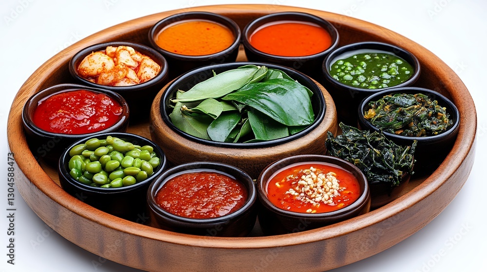 Colorful Sauces and Condiments on Wooden Tray Colorful Sauces and Condiments on Wooden Tray