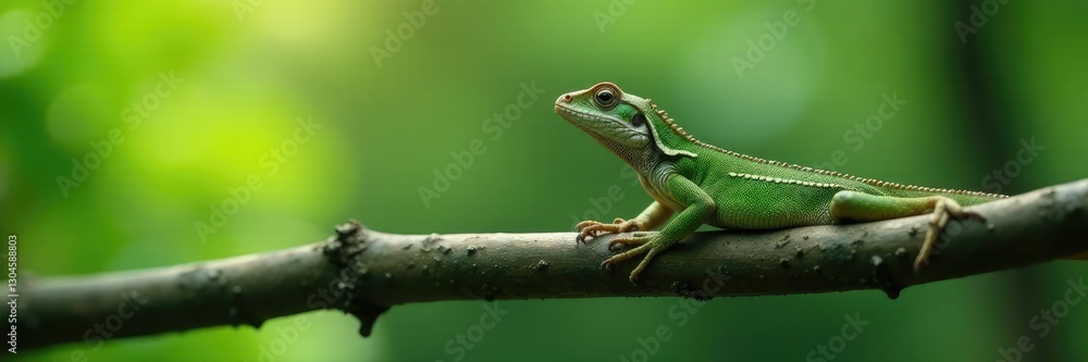 Lizard remains silent on a thin branch high up in the tree, reptile, branch Lizard remains silent on a thin branch high up in the tree, reptile, branch