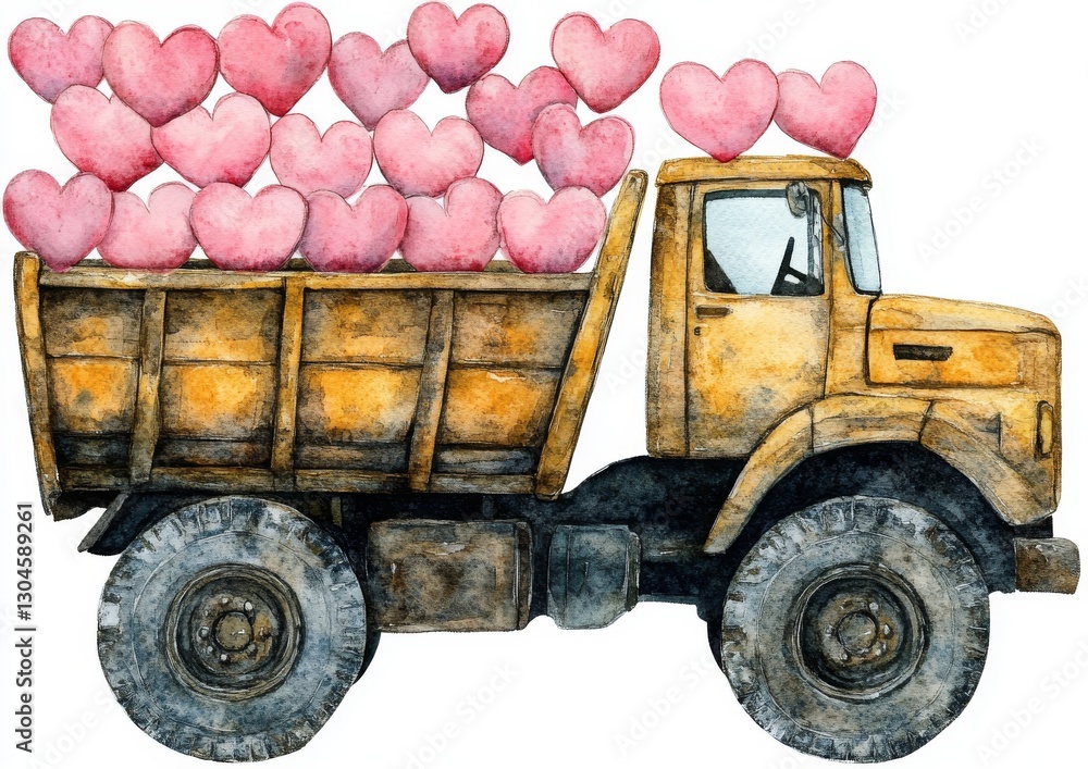 Obraz premium A watercolor dump truck brimming with hearts creates a joyful, playful scene with whimsical vibes and a colorful perspective, set against a white background