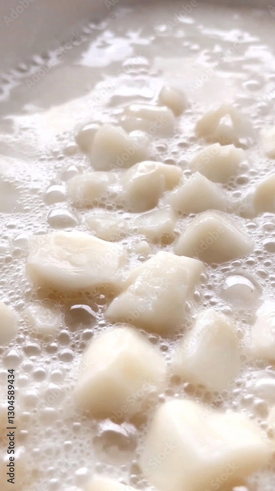 Close-up of creamy coconut milk with soft tapioca pearls in liquid Close-up of creamy coconut milk with soft tapioca pearls in liquid