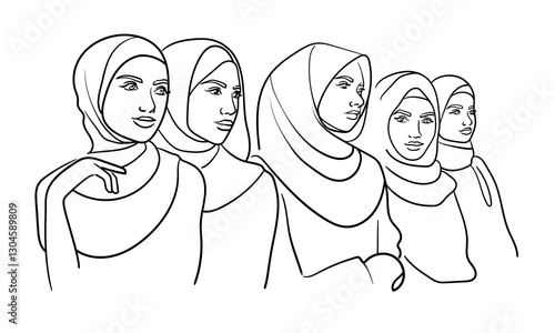 Young 5 muslim womans in burqa, continuous line art drawing. Oriental girl in traditional clothes. Vector illustration isolated on white background 