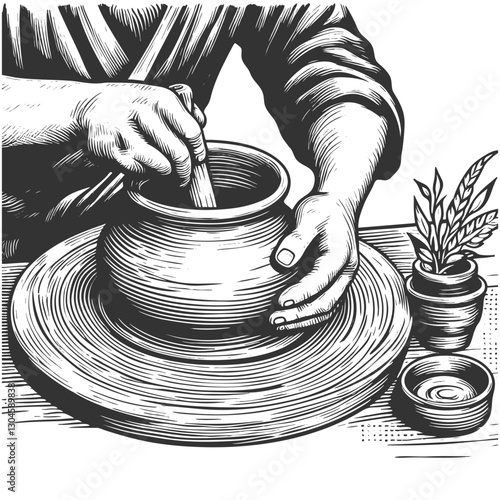 Potter Crafting Clay Pot on Wheel vector