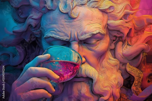 Digital stock artwork features the Greek god Dionysus with a wine glass in hand, amidst flowing wine, on a vibrant purple background